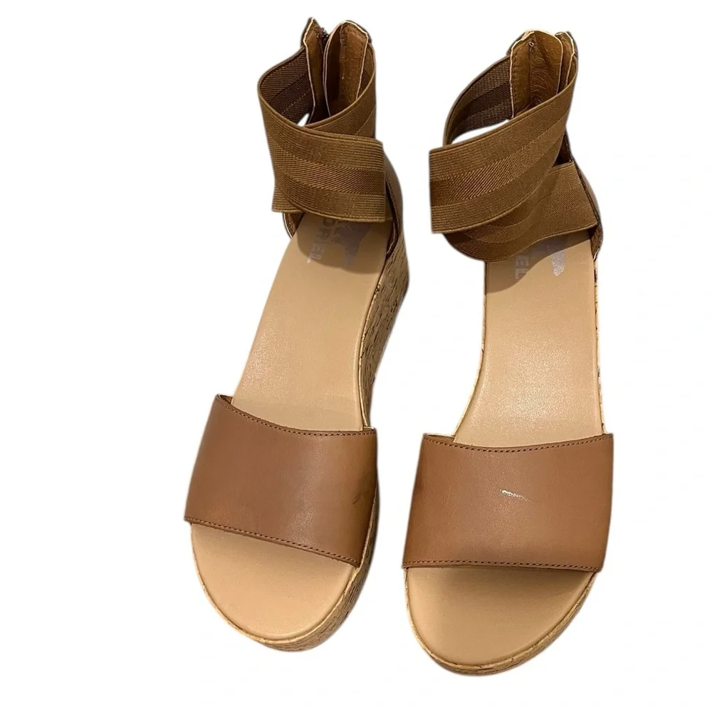 SOREL CAMERON CORK BROWN LEATHER ANKLE WRAP PLATFORM SANDALS VERY GOOD COND (9)
